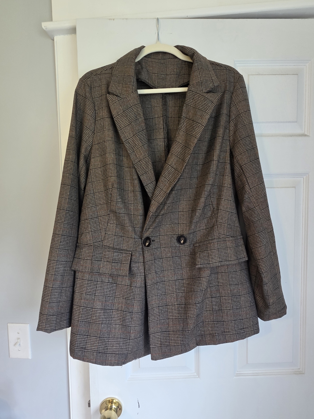 Shein Plaid Double-Button Blazer in Brown and Gray